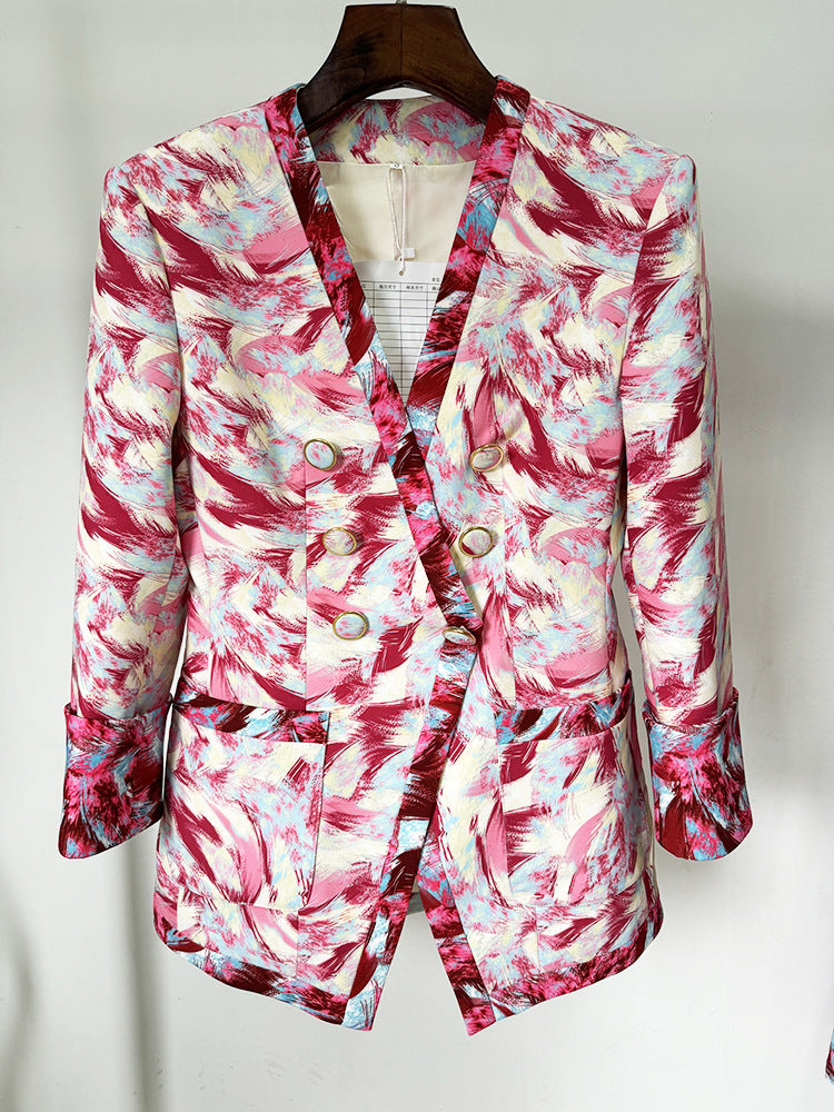 Women's Hot Pink Feather Floral 3/4 Sleeves Jacket + Flare Trousers Pants Suit