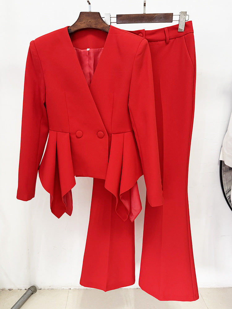 Women's Red Fit & Flare Jacket + Flare Trousers Pants Suit