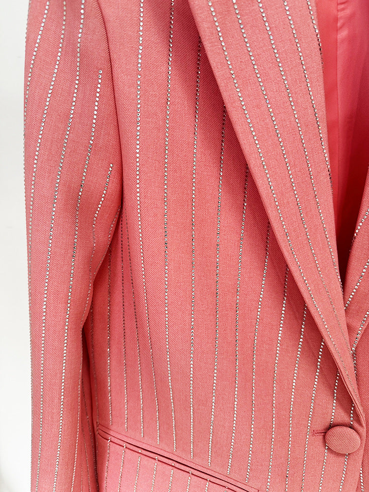 Women Loose Fit Pink Suit with Diamonds Strips - Blazer + Pants / Trousers