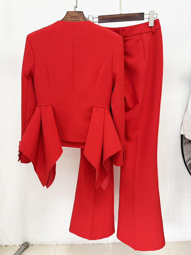 Women's Red Fit & Flare Jacket + Flare Trousers Pants Suit