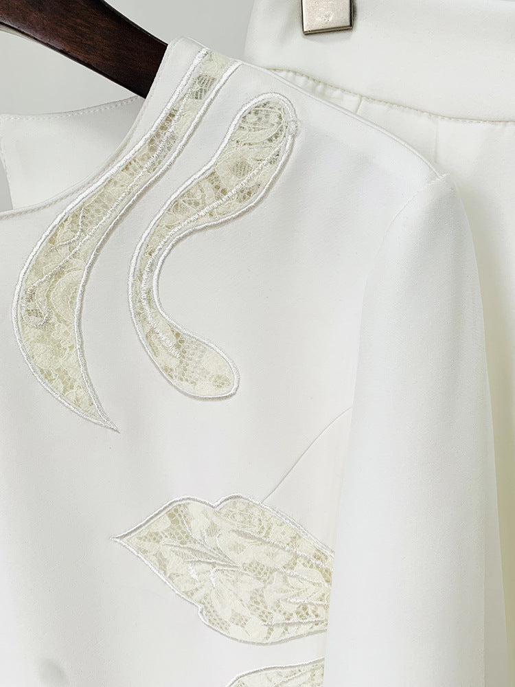 Women White Pants Suit Lace Cut Out Decor Top + Flare Trousers