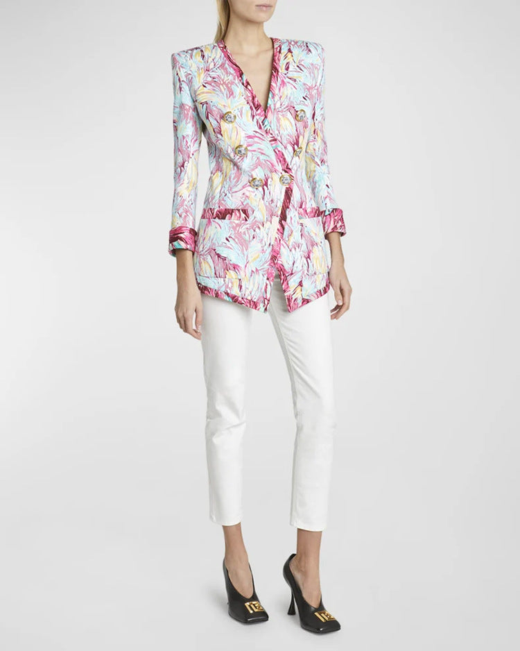 Women's Hot Pink Feather Floral 3/4 Sleeves Jacket + Flare Trousers Pants Suit