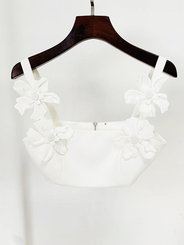 White 3D Flowers Embroidery Crop Top + Long Flare Skirt Suit