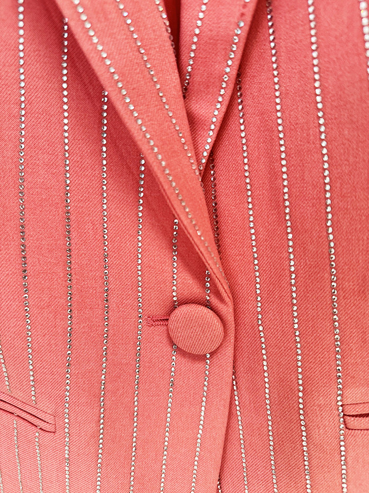 Women Loose Fit Pink Suit with Diamonds Strips - Blazer + Pants / Trousers