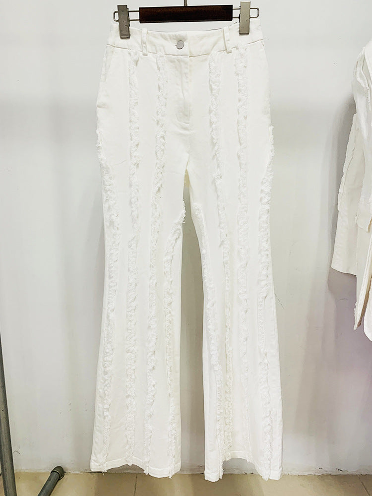 Women's White Denim Fringe Tassel Blazer with Padded Shoulders + Flare Trousers