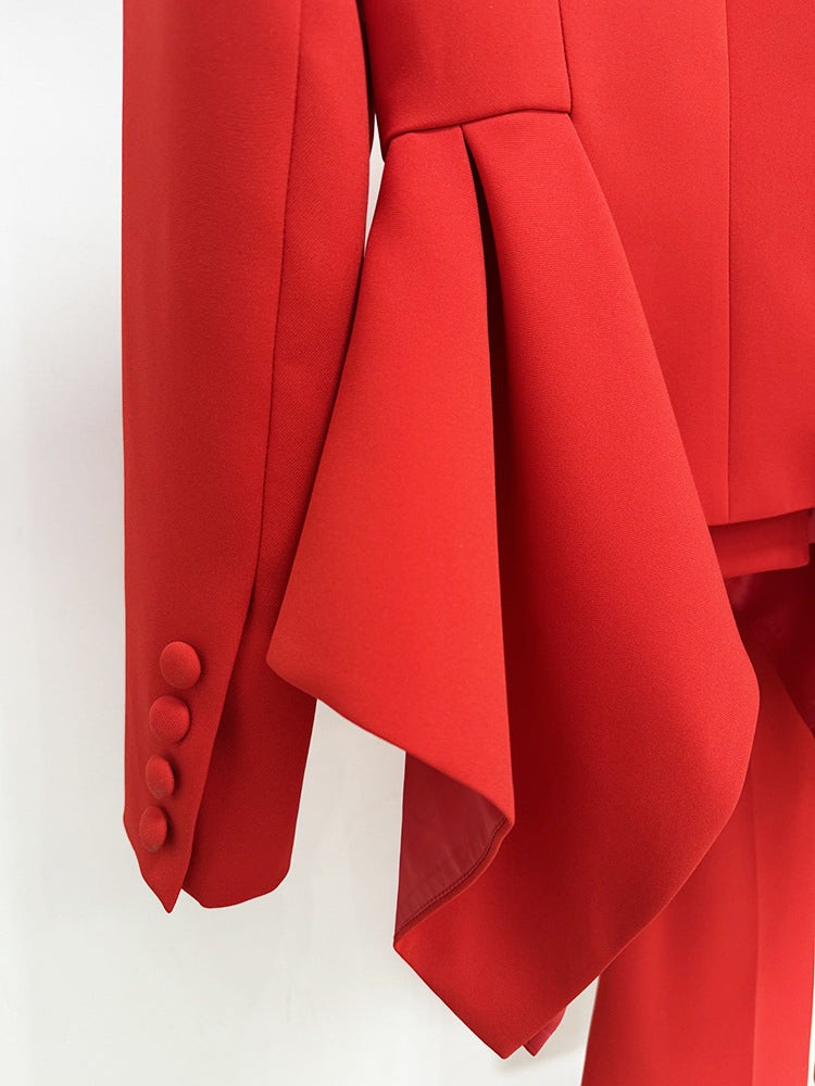 Women's Red Fit & Flare Jacket + Flare Trousers Pants Suit