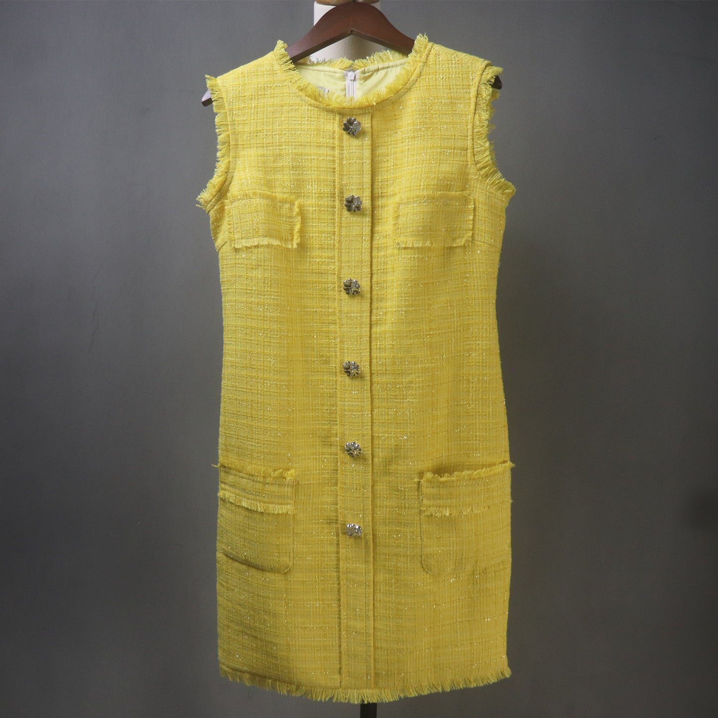 Bright Yellow Tweed Mini/Midi Dress – Custom Made Plus Size / Sleeveless / Short Sleeves