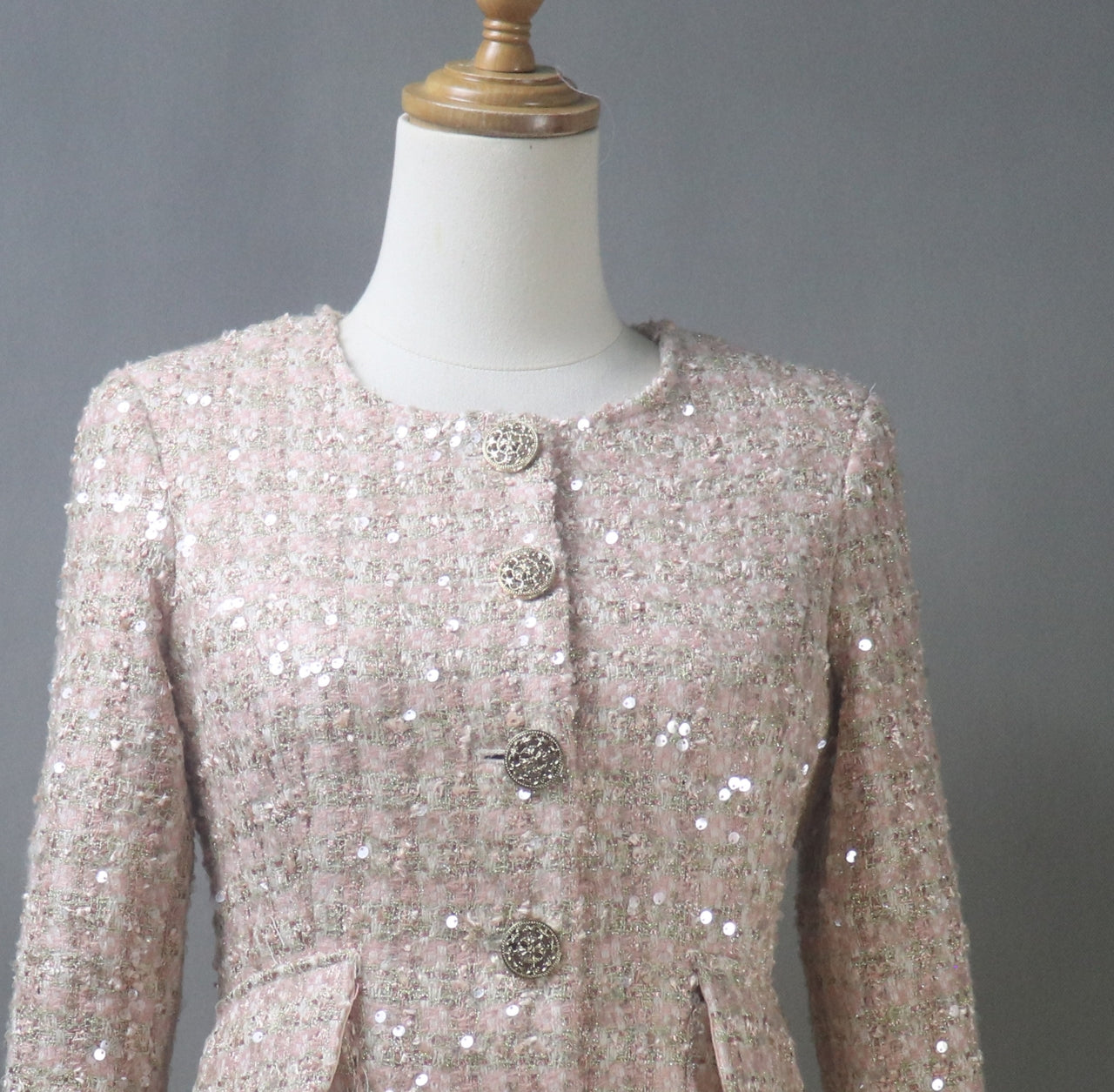 Bespoke Glamorous Dusty Pink Sequinned Tweed Jacket / Suit– Plus Size