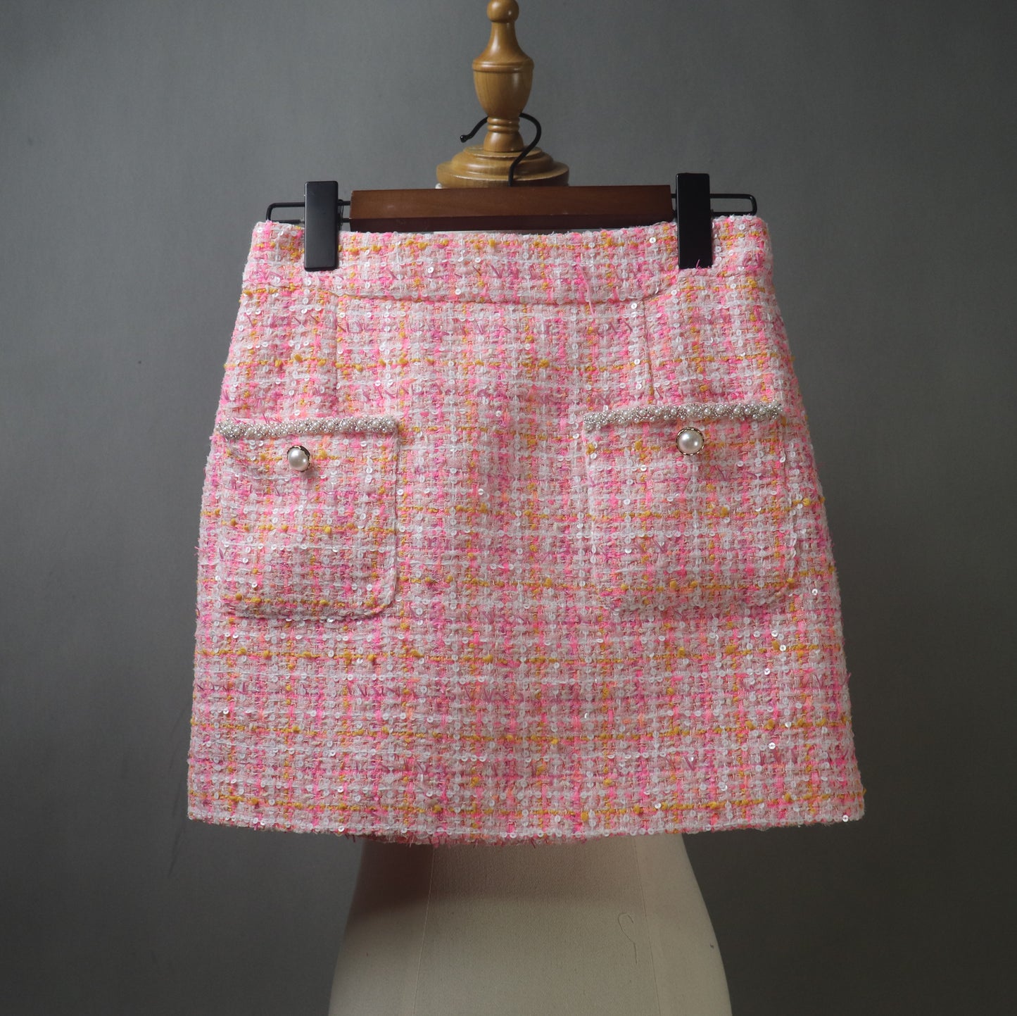 Pink Tweed Suit with Checked Pattern and Sequins