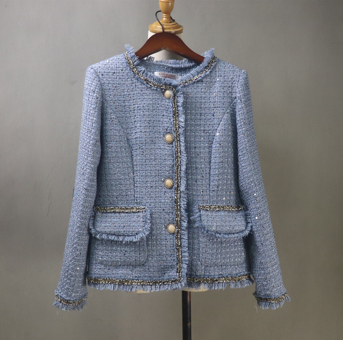 Women's Blue Tweed Sequinned Jacket with Pearls Button