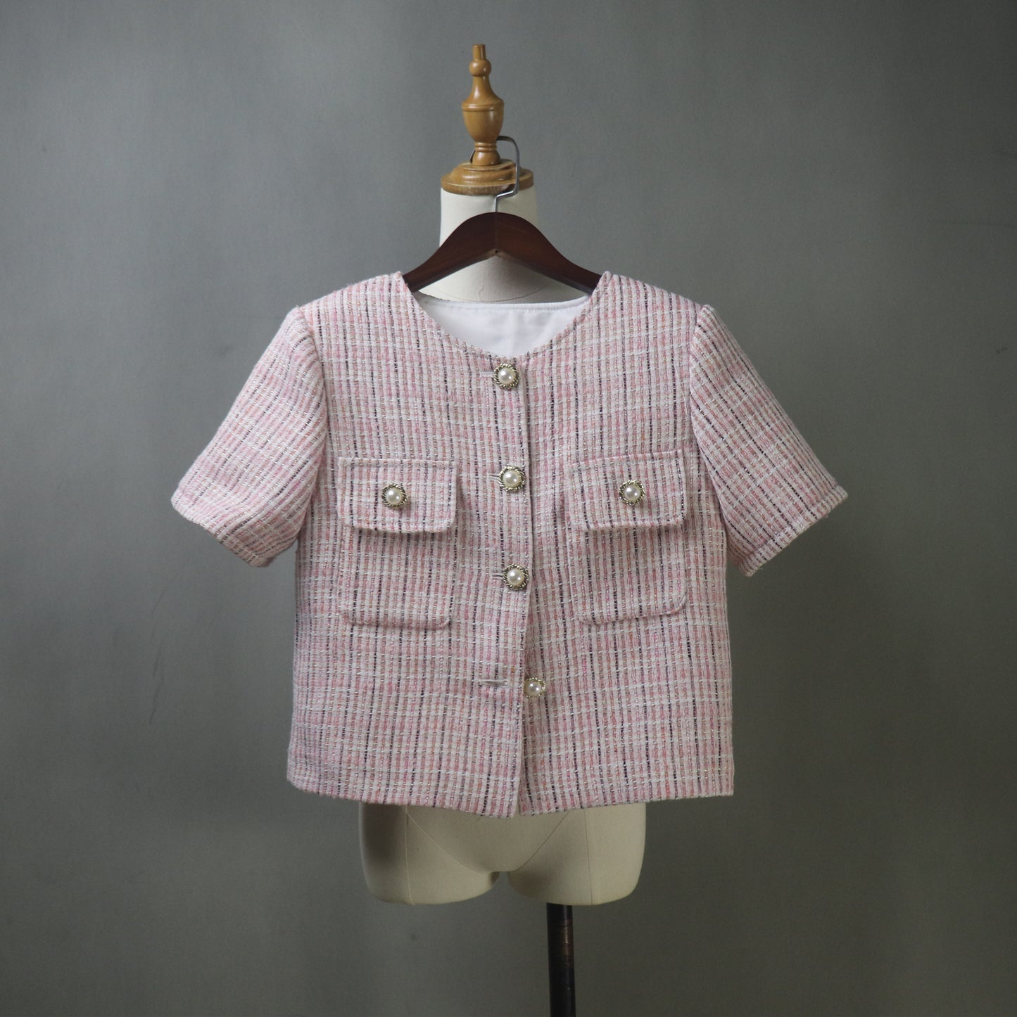 Summer Custom Made Pink Tweed Suit | Short Sleeves Jacket + Shorts Suit
