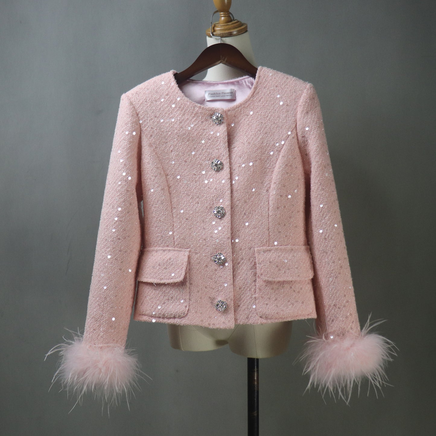 Women Pink Sequinned Jacket With Faux Fur Trim