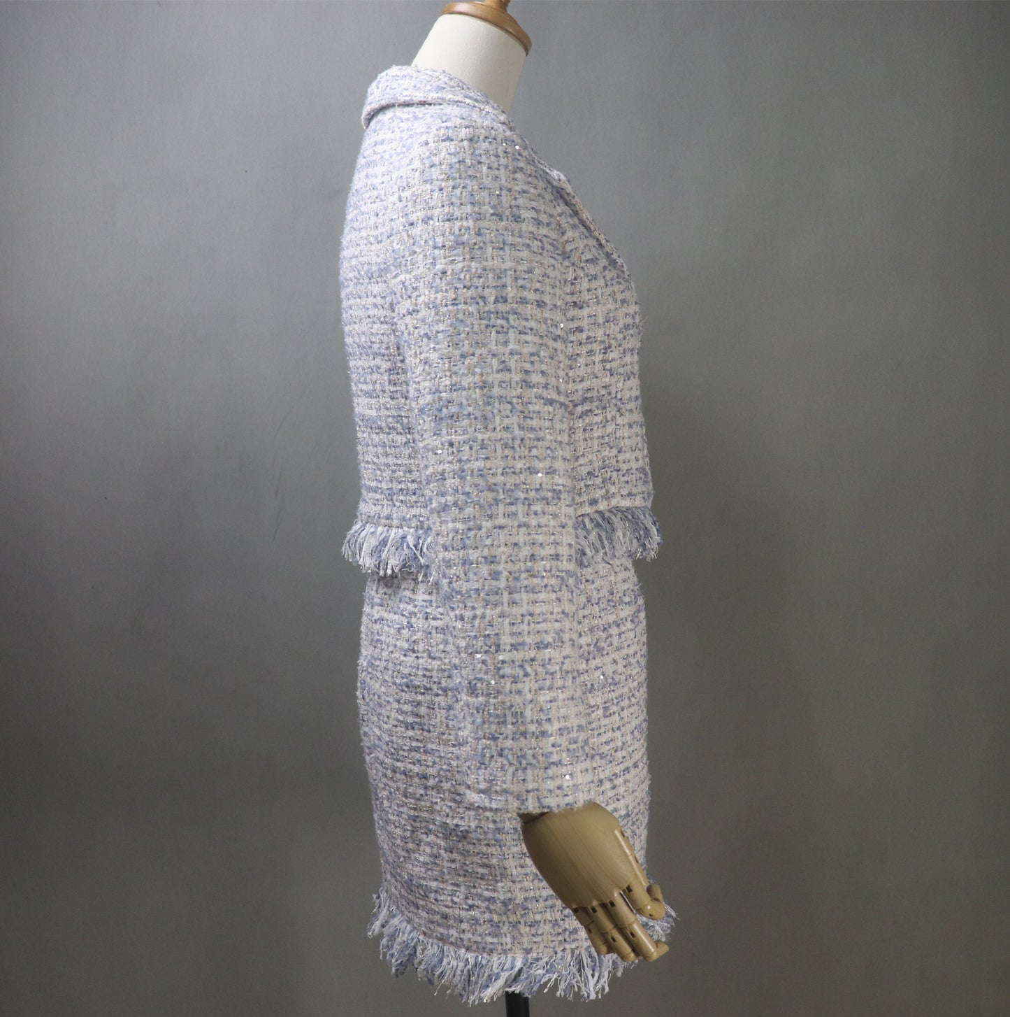 Bespoke Tweed Light Blue Jacket Dress Suit with Tassel & Sequins