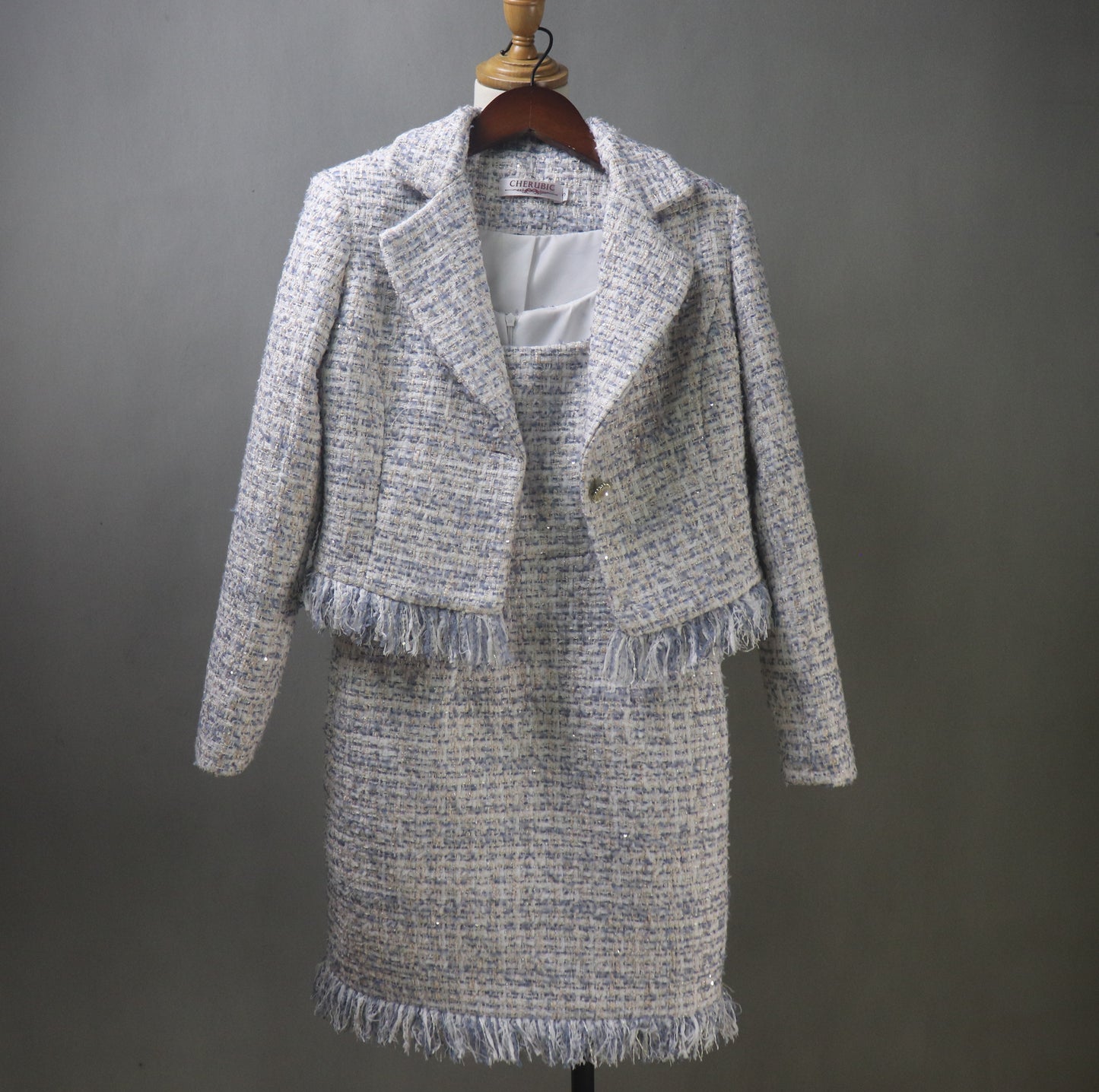 Bespoke Tweed Light Blue Jacket Dress Suit with Tassel & Sequins