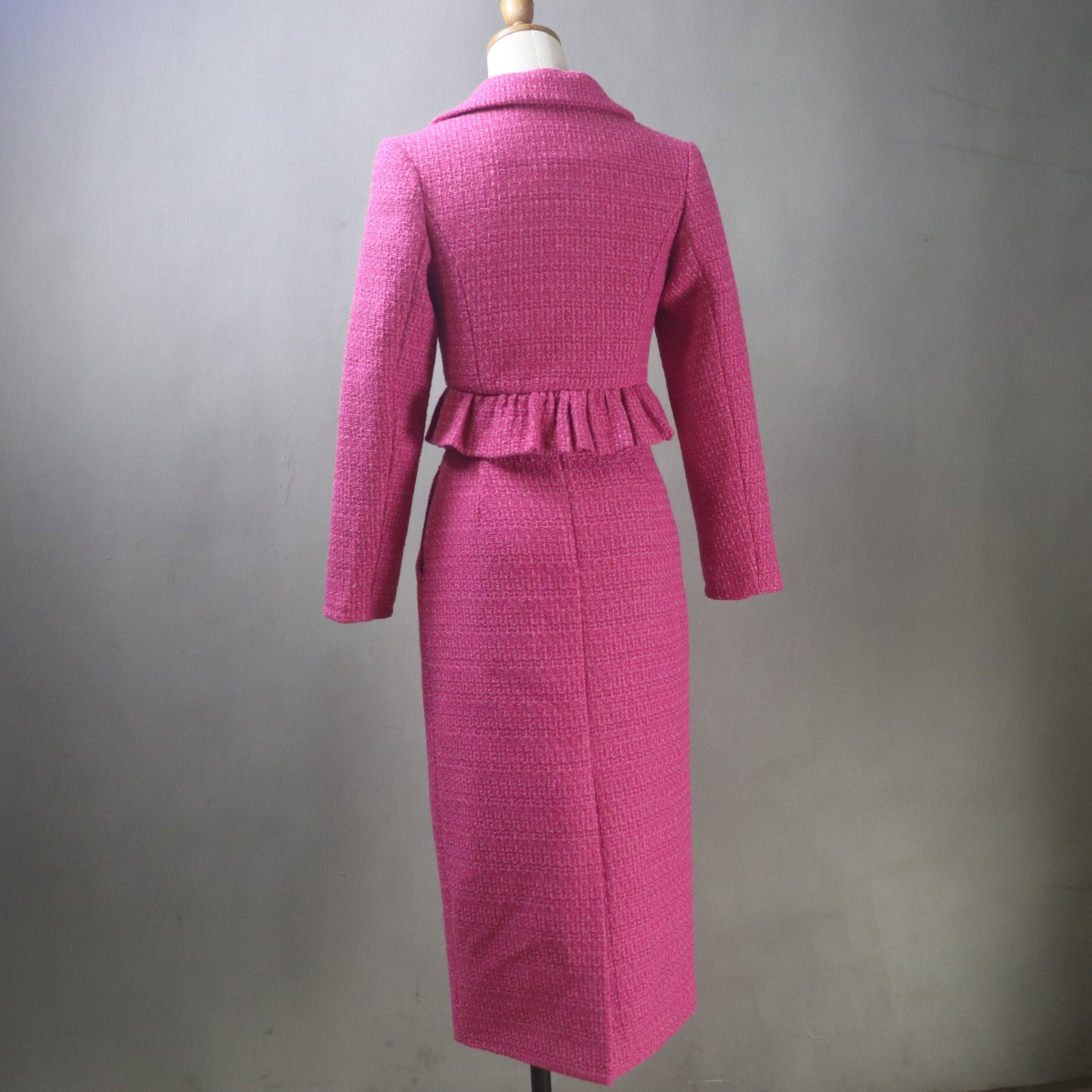 Bespoke Fuchsia Tweed Midi Skirt Suit with a Cropped Peplum Jacket