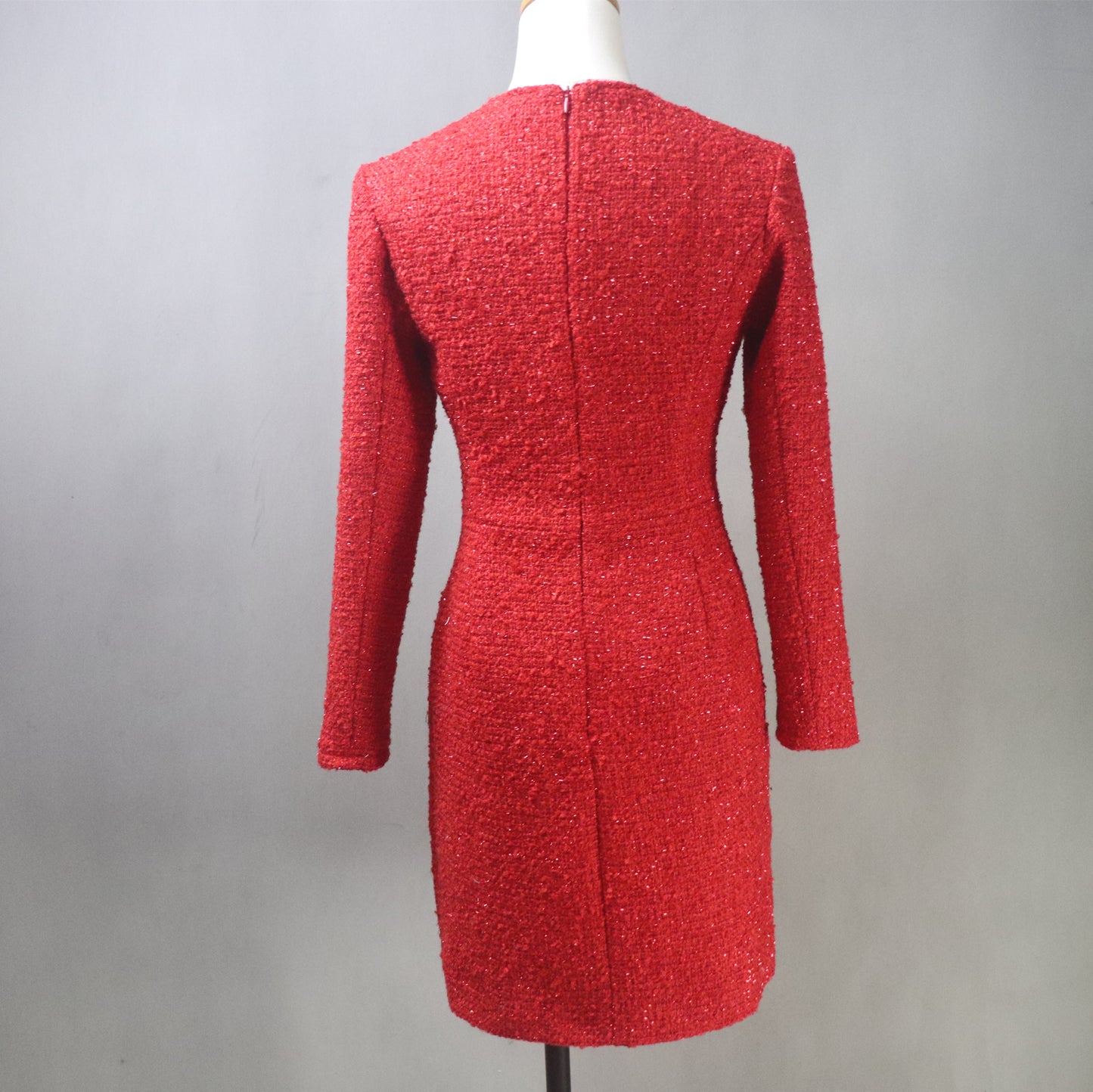 Red Tweed Long Sleeves Dress / Plus Size / Custom Length Options