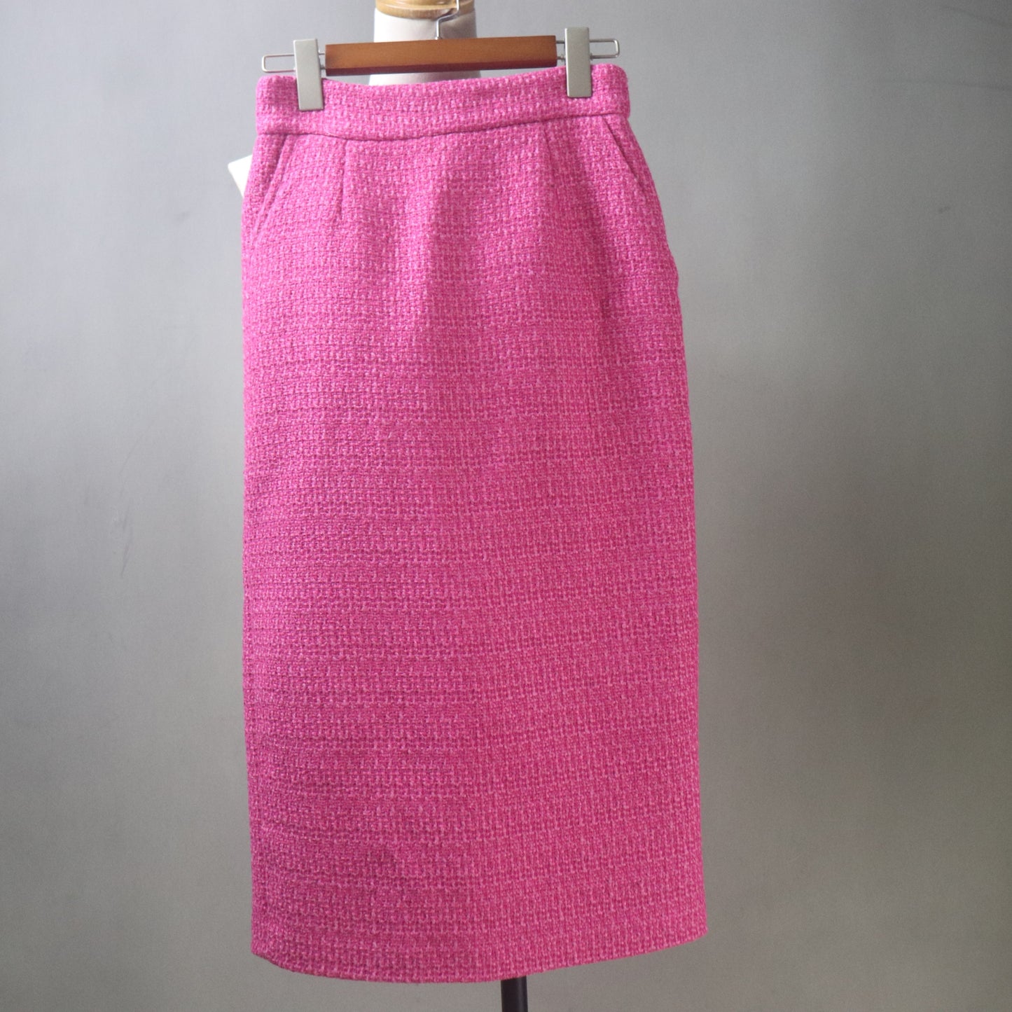 Bespoke Fuchsia Tweed Midi Skirt Suit with a Cropped Peplum Jacket