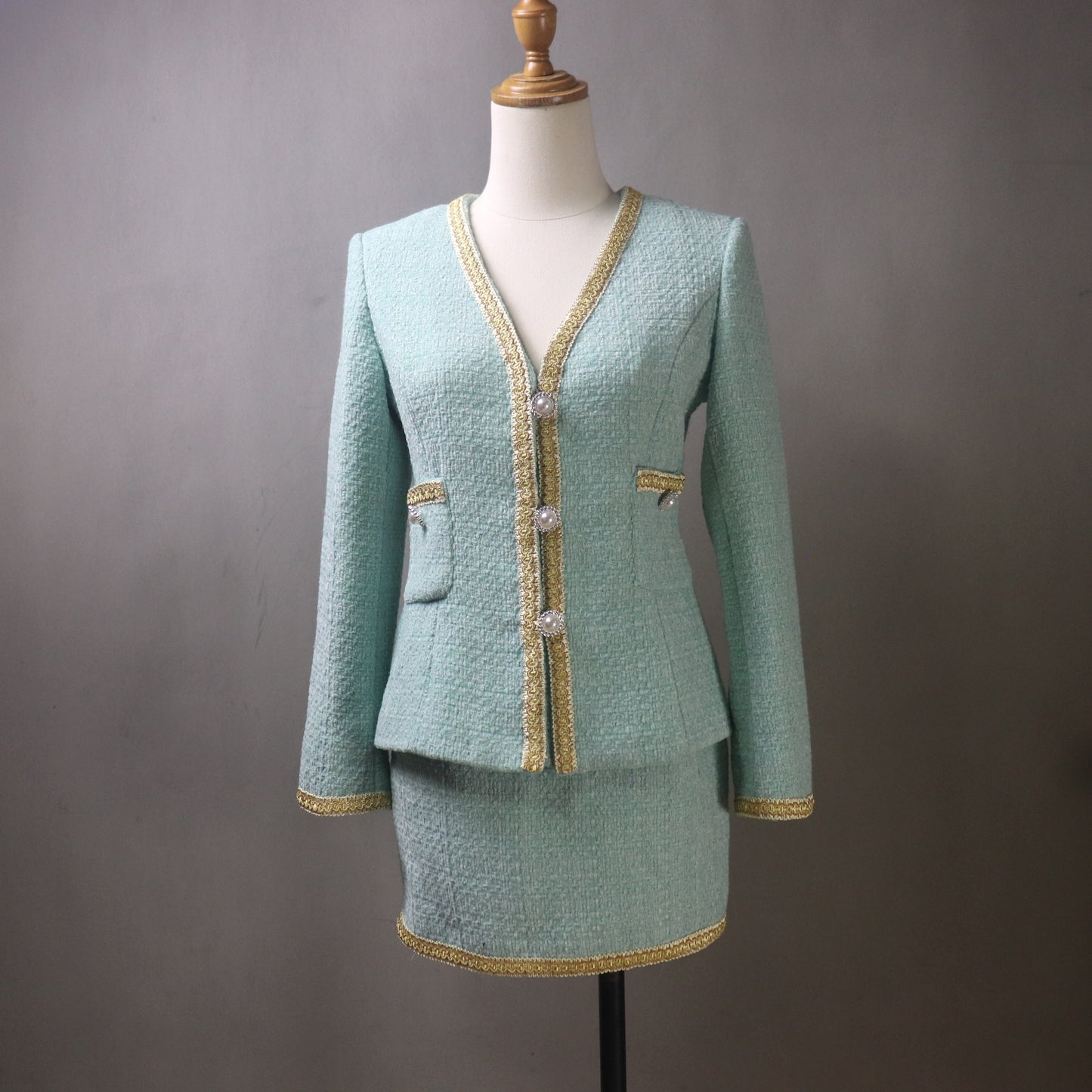 Custom Teal Tweed Fitted Blazer Skirt Set: Gold Trim, Plus Sizes, Any Length