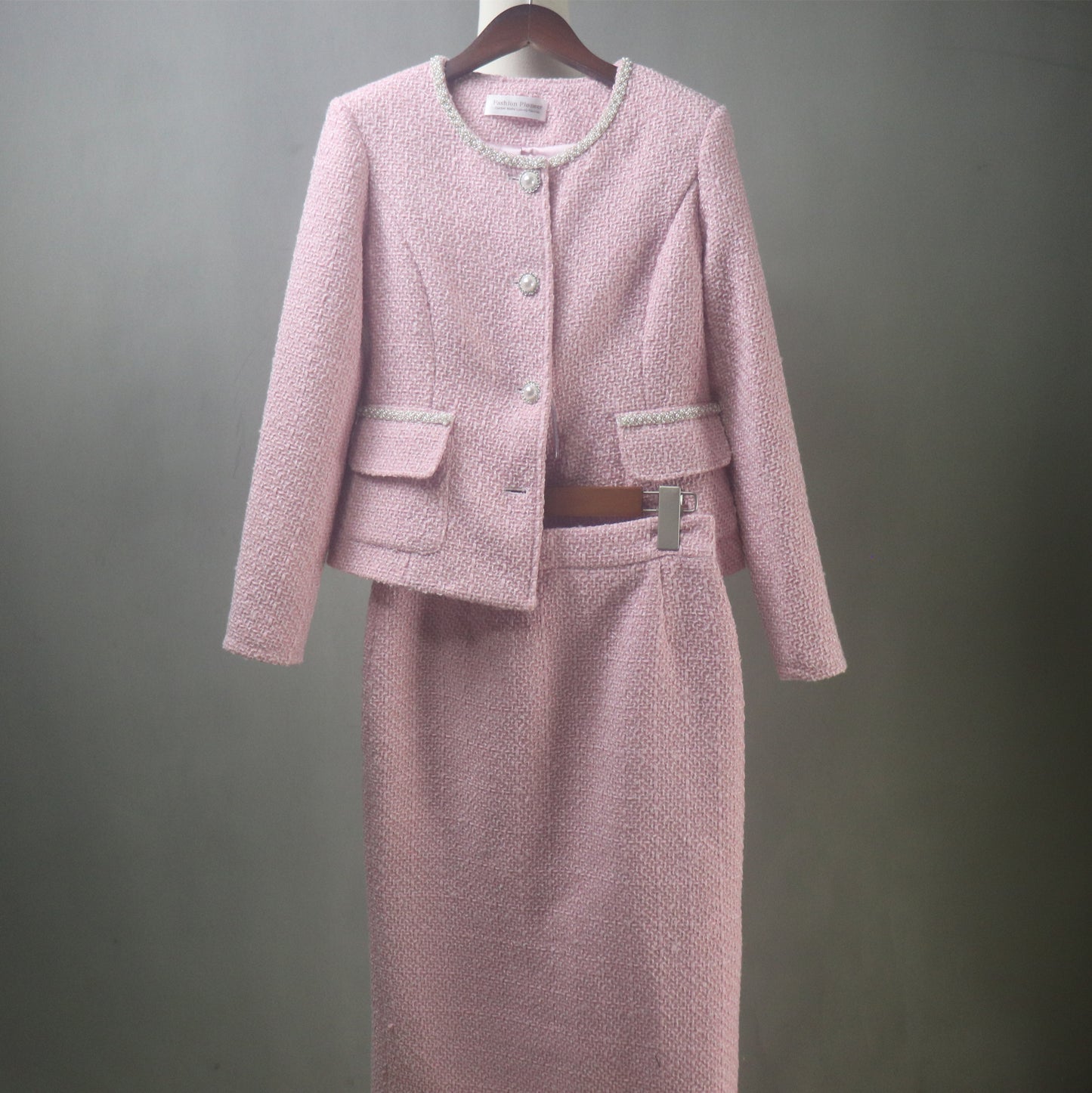 Pink Tweed Long Skirt Suit with Pearl Trim & Buttons