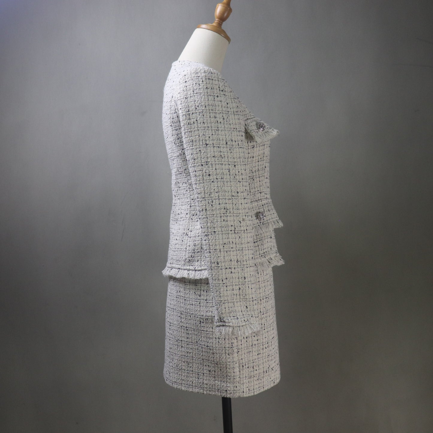 Bespoke Beige Tweed Skirt Suit with Fringe Trim
