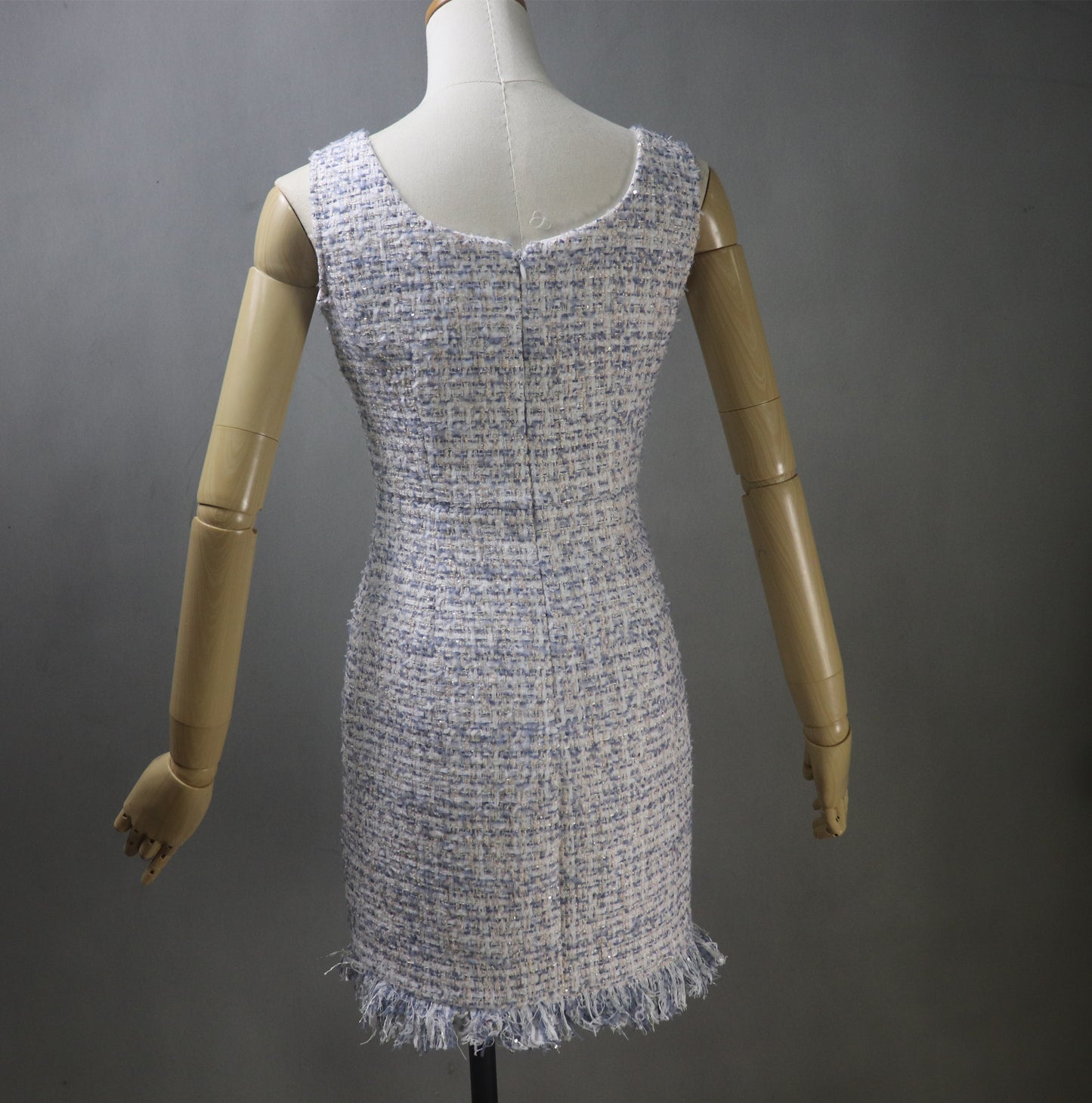 Bespoke Tweed Light Blue Jacket Dress Suit with Tassel & Sequins