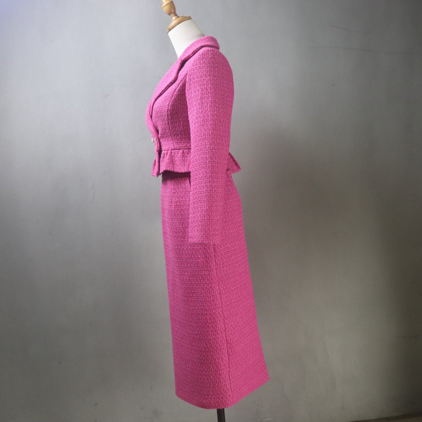 Bespoke Fuchsia Tweed Midi Skirt Suit with a Cropped Peplum Jacket
