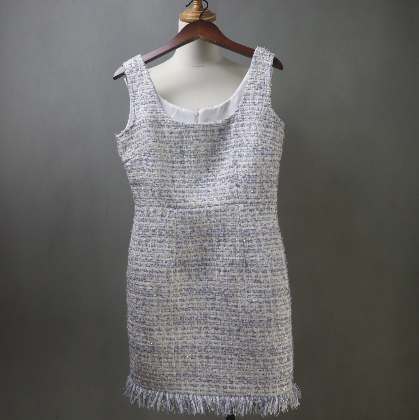 Bespoke Tweed Light Blue Jacket Dress Suit with Tassel & Sequins