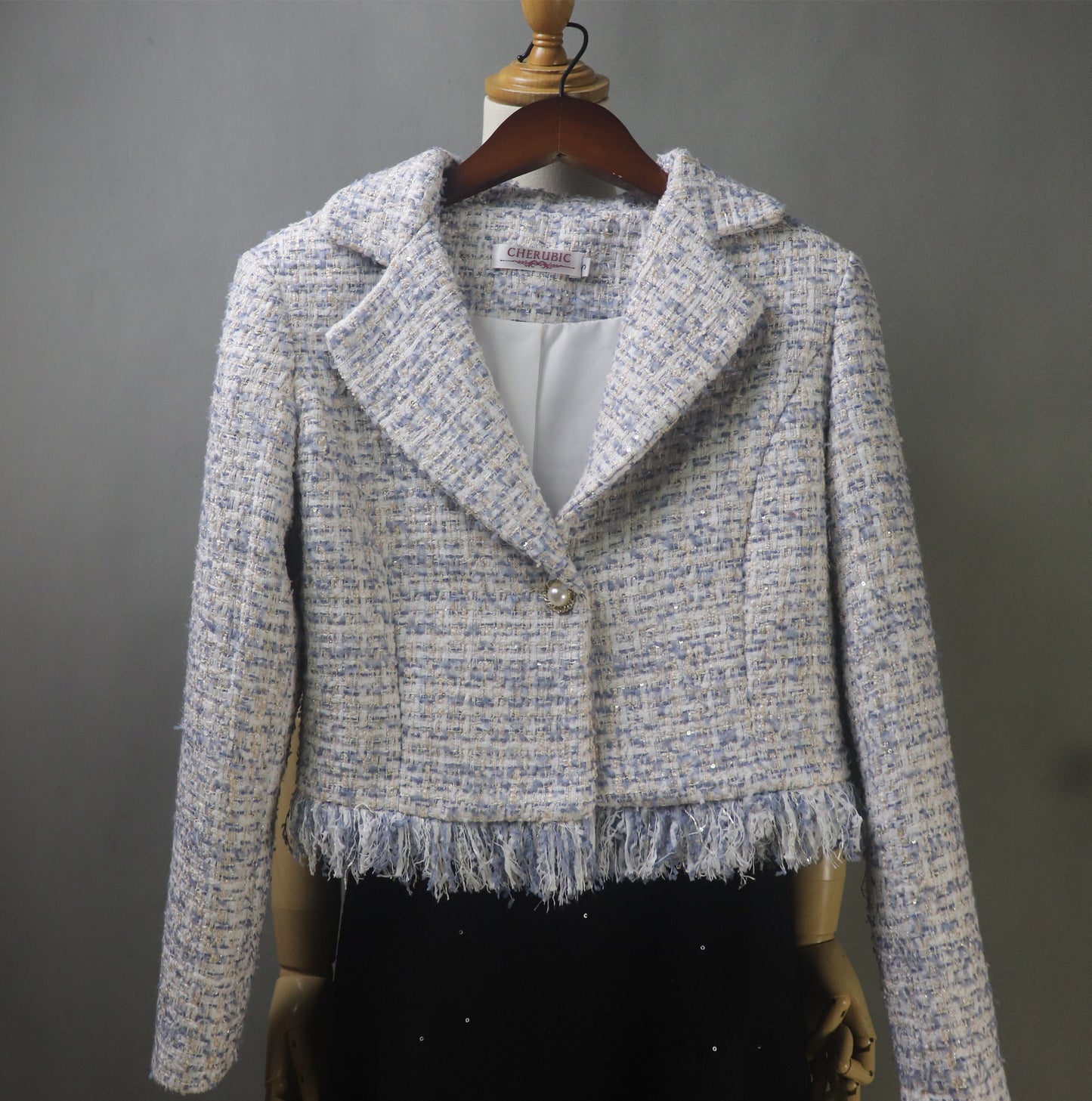 Bespoke Tweed Light Blue Jacket Dress Suit with Tassel & Sequins