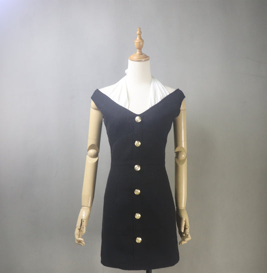 Front view of bespoke black tweed halter neck dress on mannequin – custom mini to midi length, sexy formal evening wear