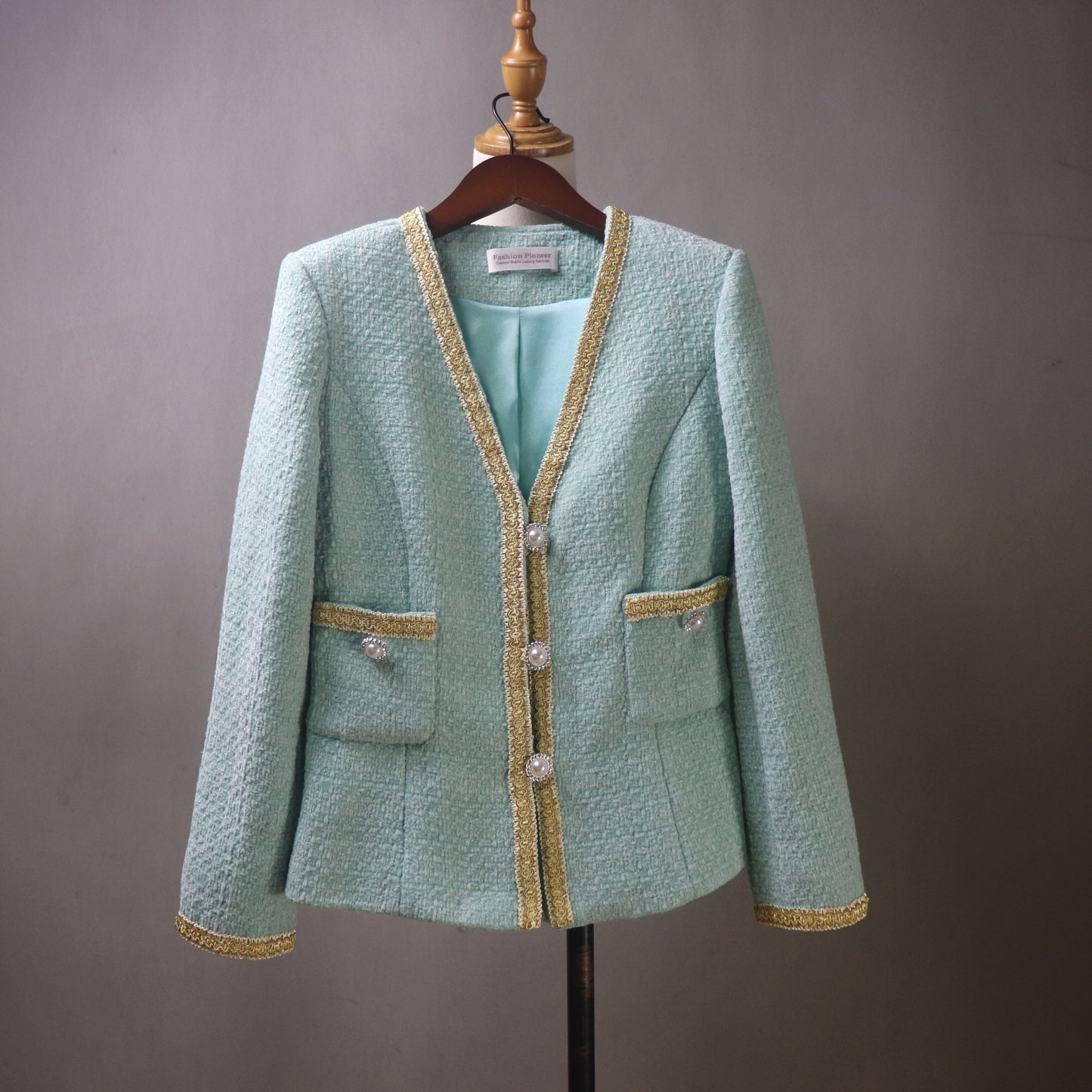 Custom Teal Tweed Fitted Blazer Skirt Set: Gold Trim, Plus Sizes, Any Length