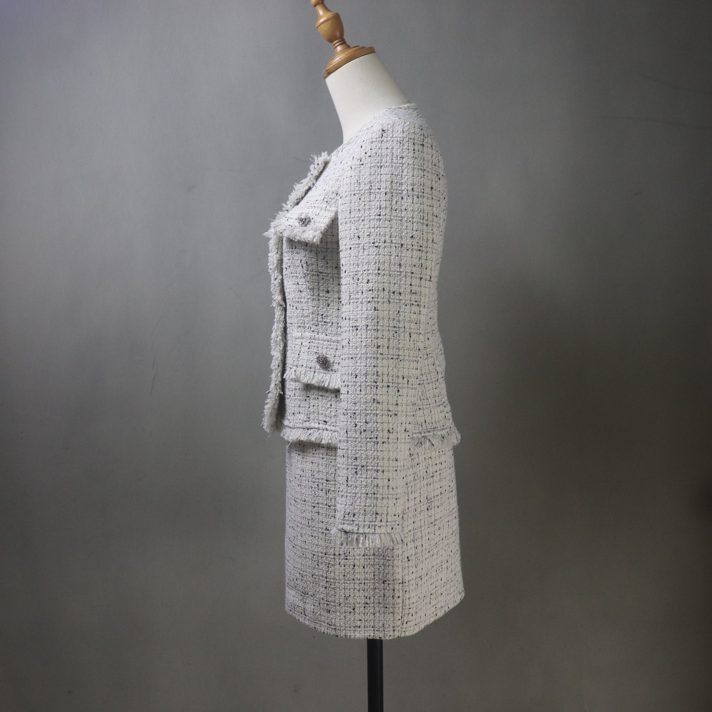 Bespoke Beige Tweed Skirt Suit with Fringe Trim