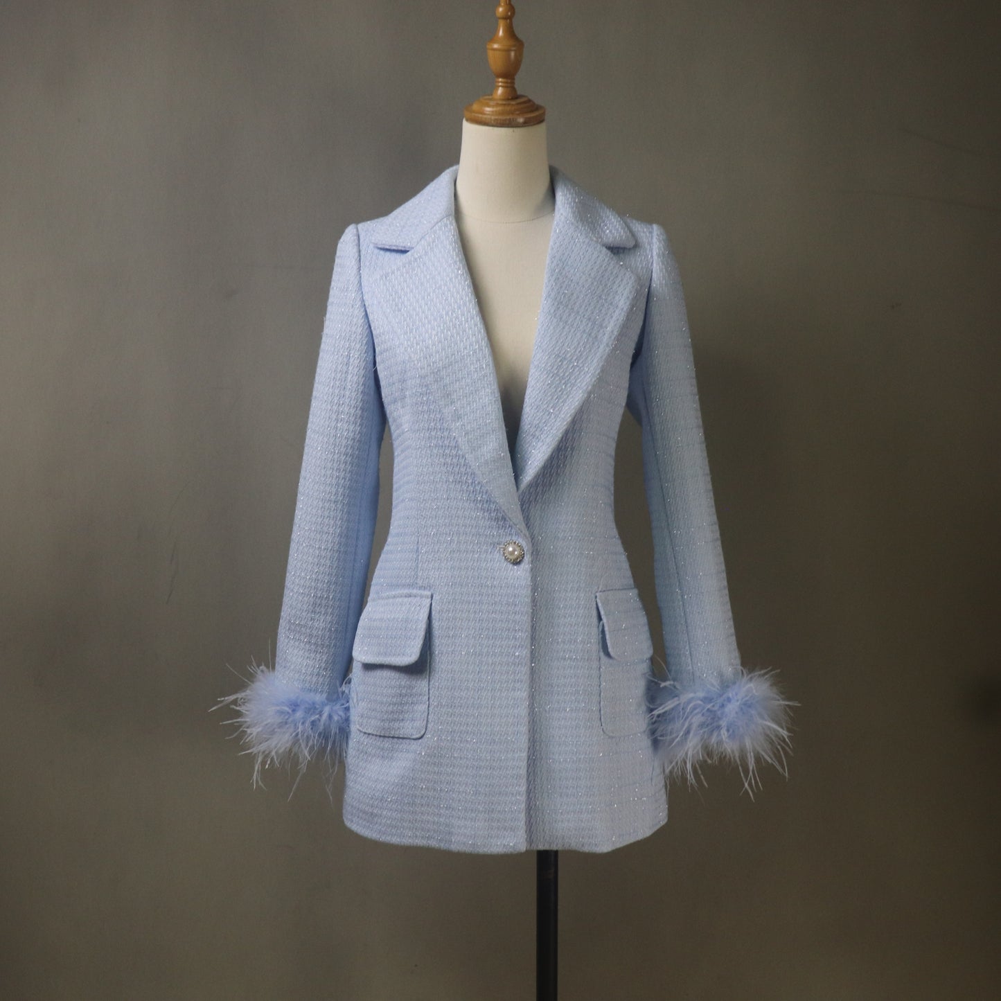 Custom Made Blue Tweed Suit Set with Feather Trim