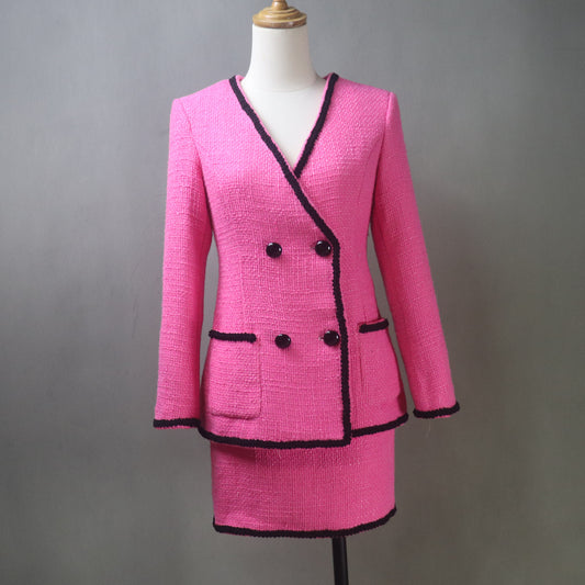 Step into elegance and sophistication with this custom-made hot pink tweed suit. Designed for bold, confident individuals, this double-breasted suit is a statement piece that’s tailored to your unique measurements. Whether you're attending a wedding, dog show, business meeting, or birthday celebration, this suit guarantees head-turning elegance and luxury comfort.