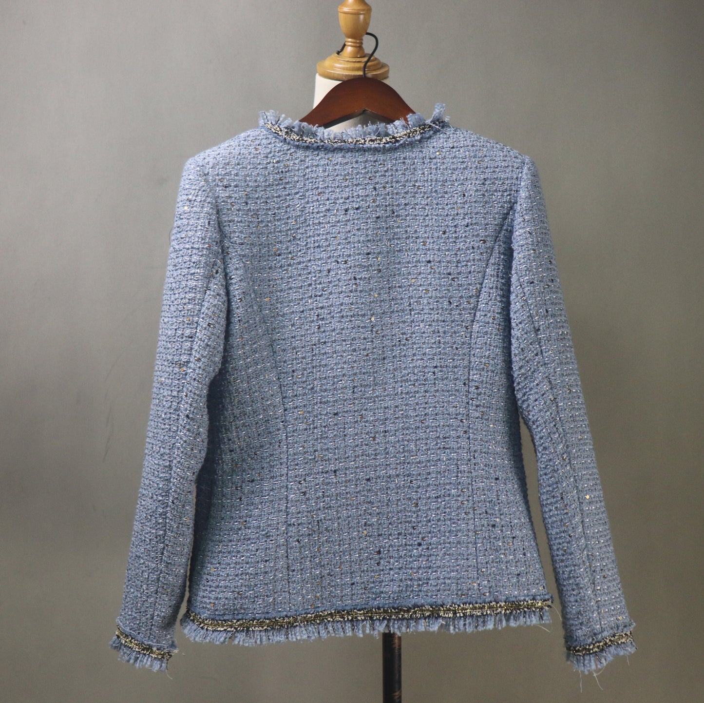 Women's Blue Tweed Sequinned Jacket with Pearls Button