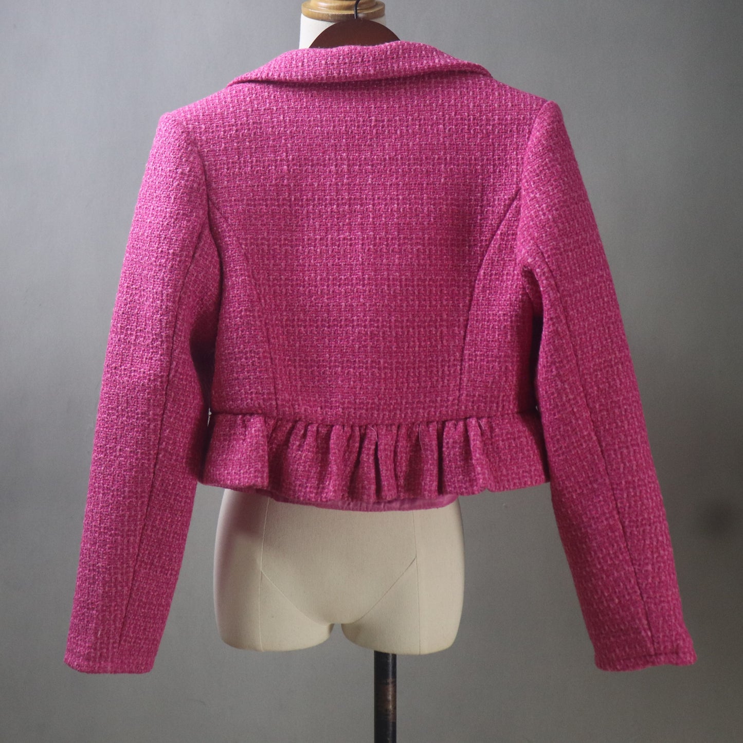 Bespoke Fuchsia Tweed Midi Skirt Suit with a Cropped Peplum Jacket