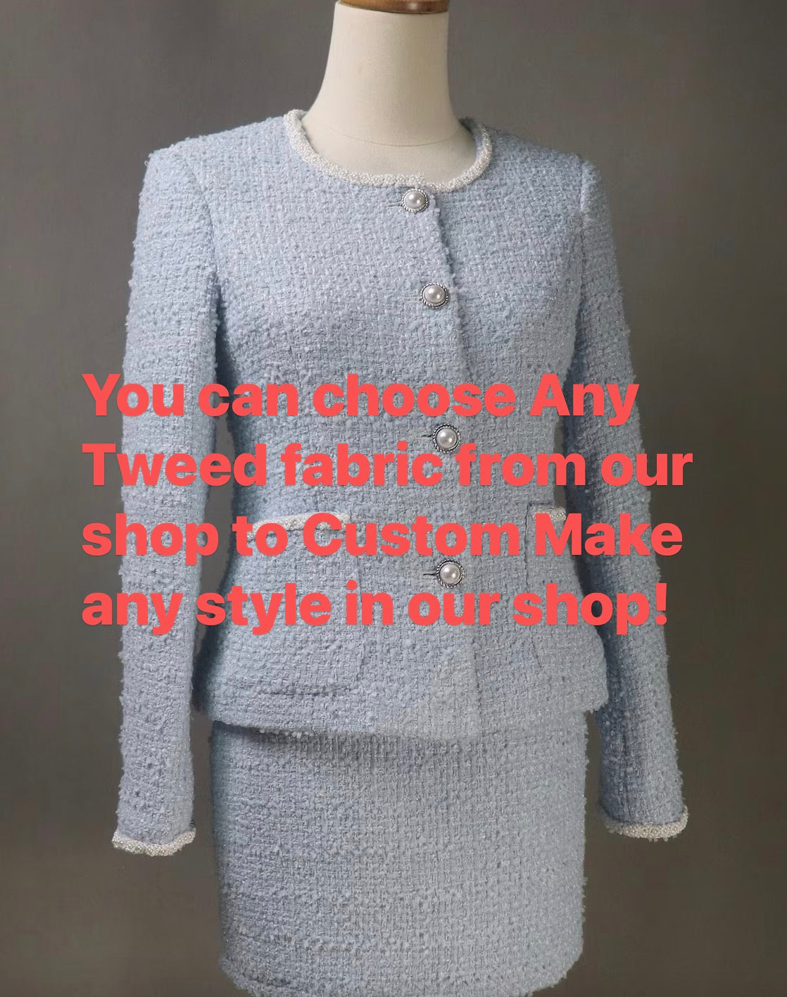 Bespoke Blue Tweed Skirt Suit With Pearls & Sequins