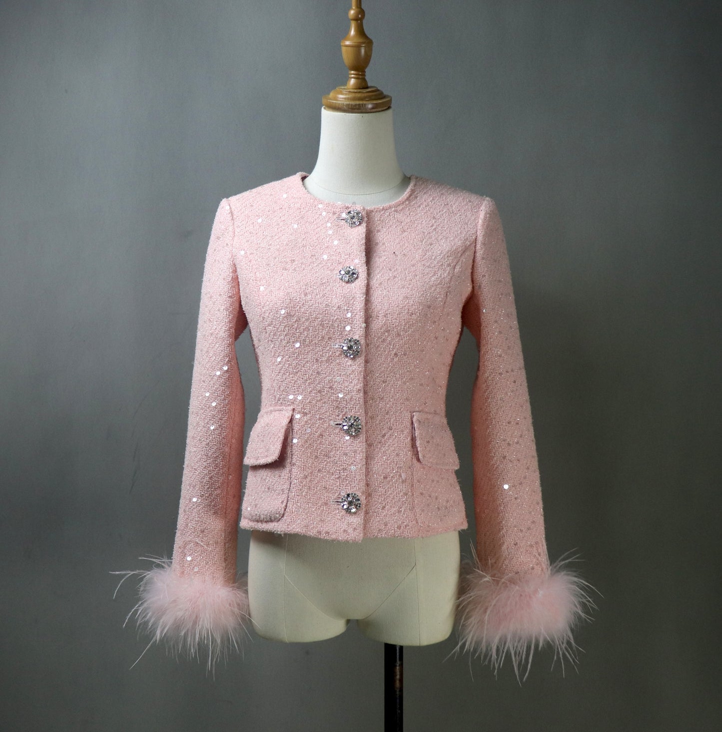 Women Pink Sequinned Jacket With Faux Fur Trim