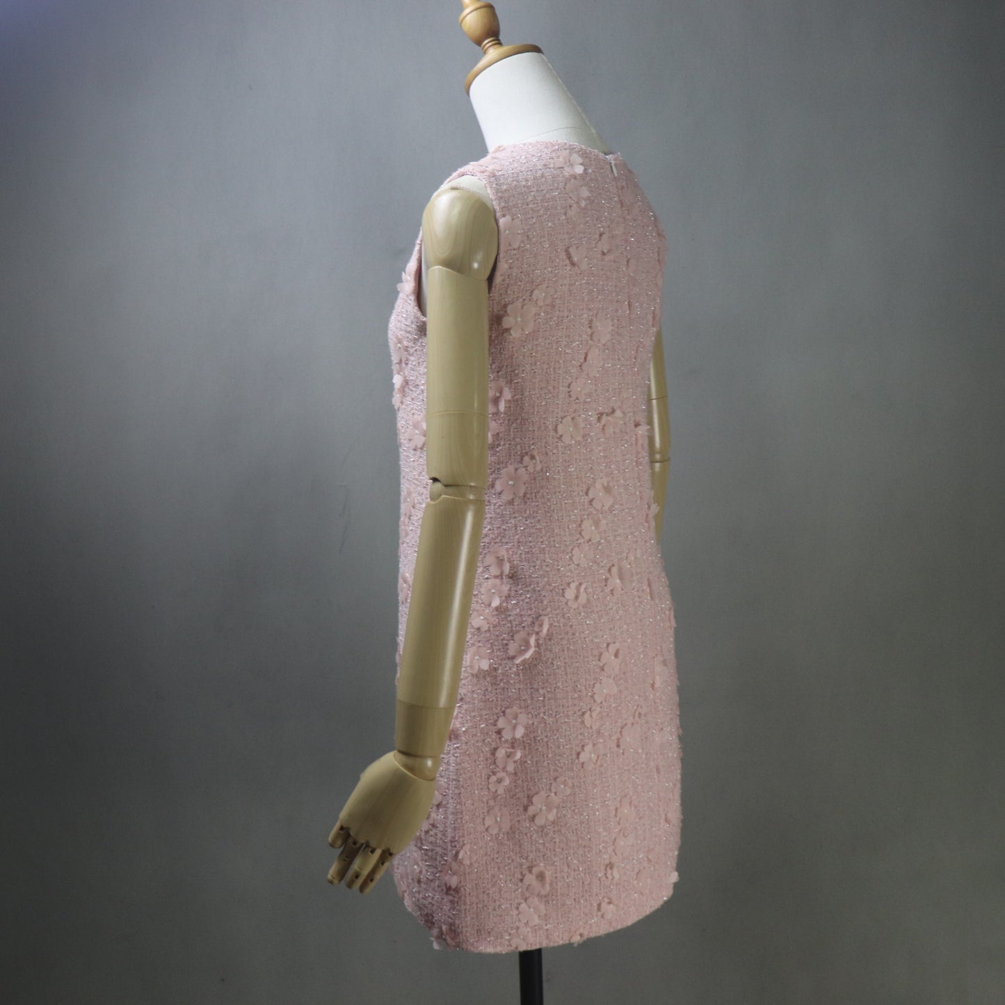 Light Pink Tweed Dress with 3D Flower Embellishments – Custom Made Mini to Midi Dress, long sleeves, Plus Sizes