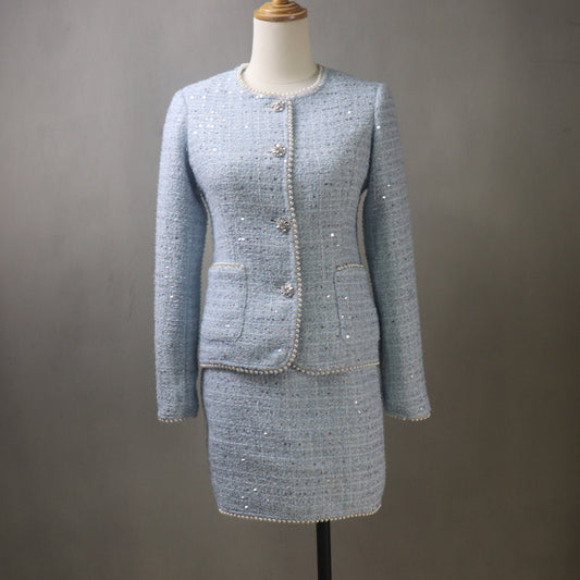 Bespoke Blue Tweed Skirt Suit With Pearls & Sequins