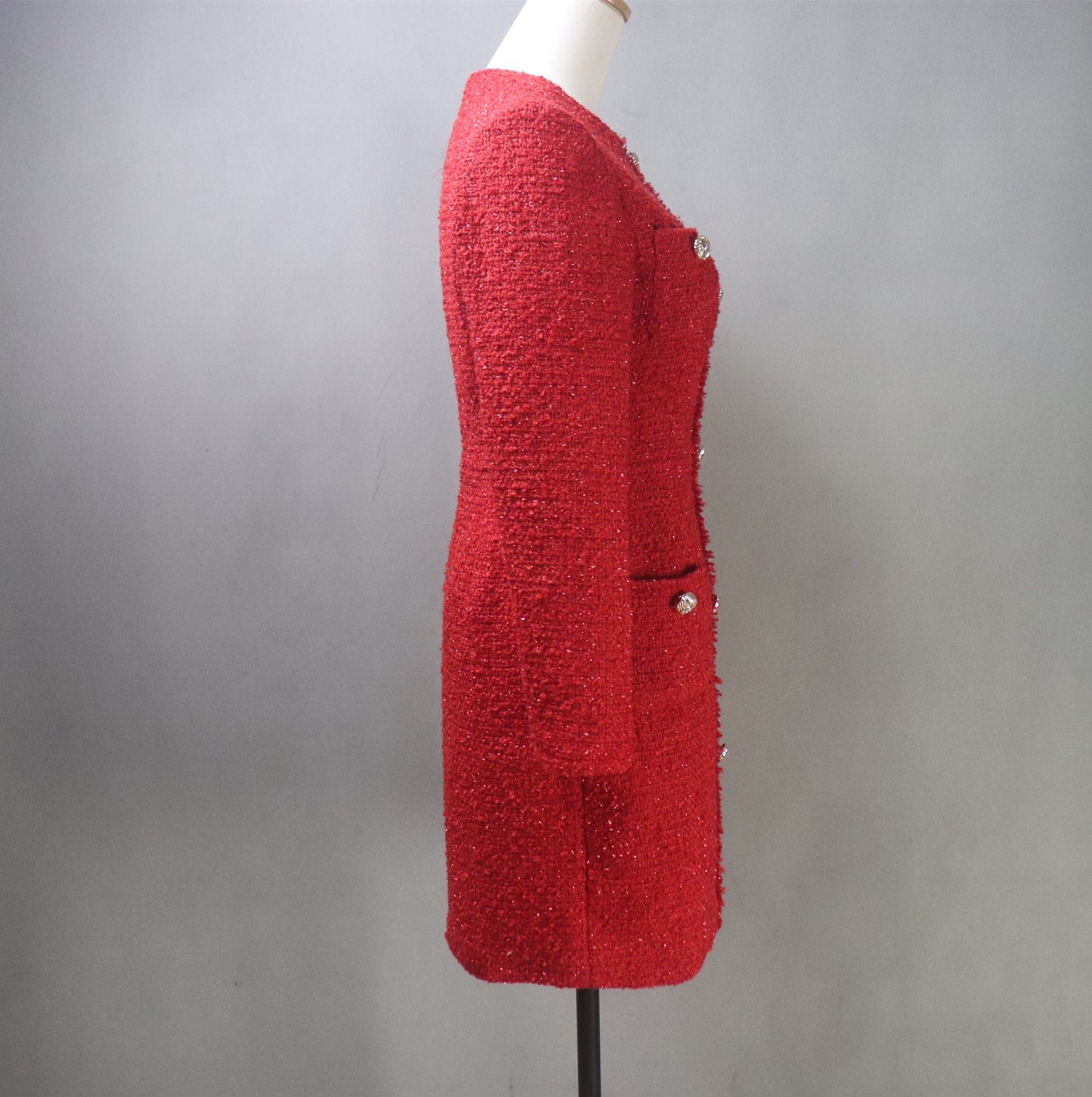 Red Tweed Long Sleeves Dress / Plus Size / Custom Length Options