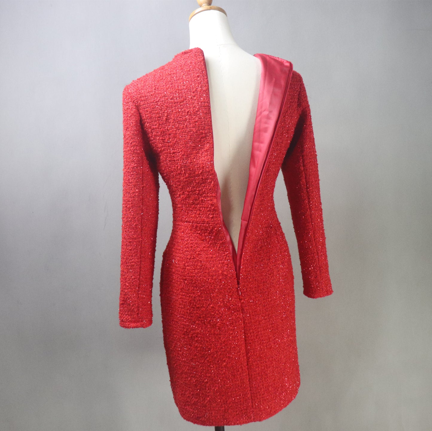 Red Tweed Long Sleeves Dress / Plus Size / Custom Length Options