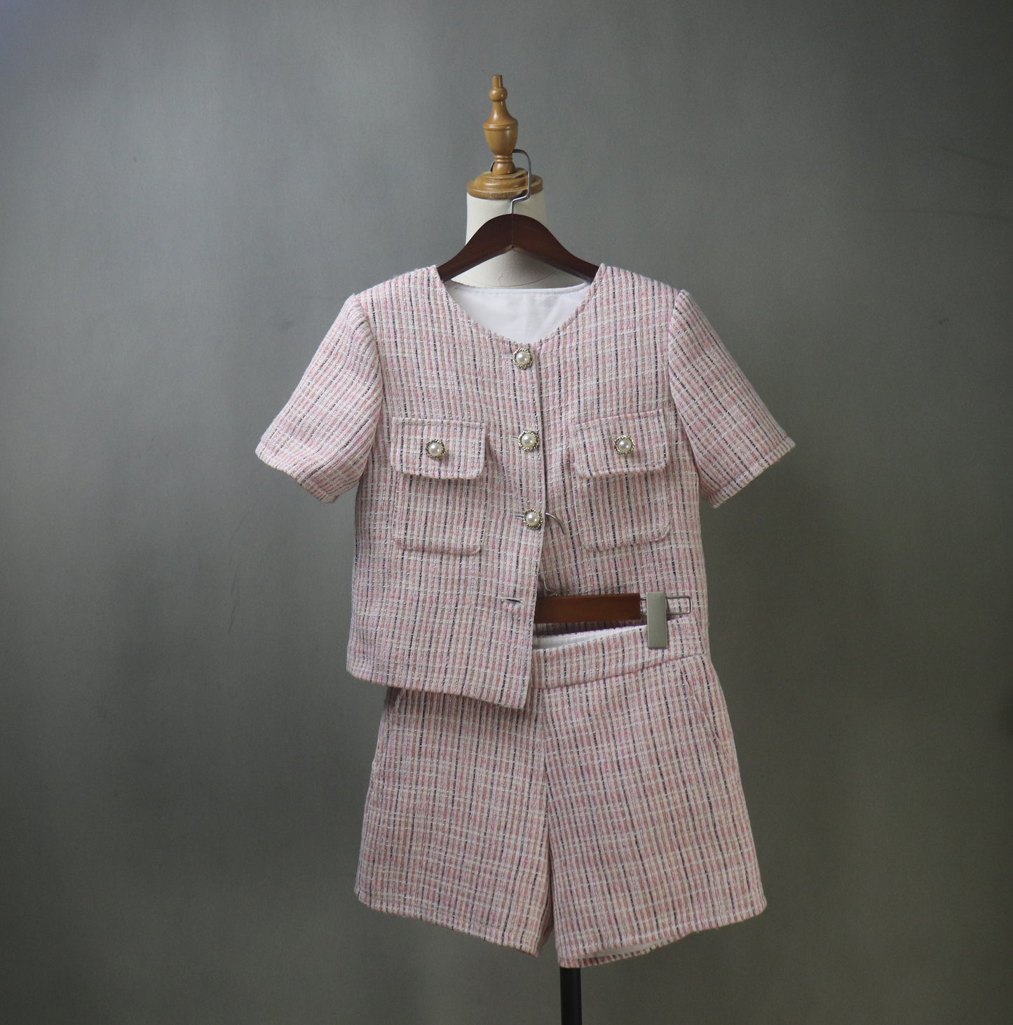 Summer Custom Made Pink Tweed Suit | Short Sleeves Jacket + Shorts Suit