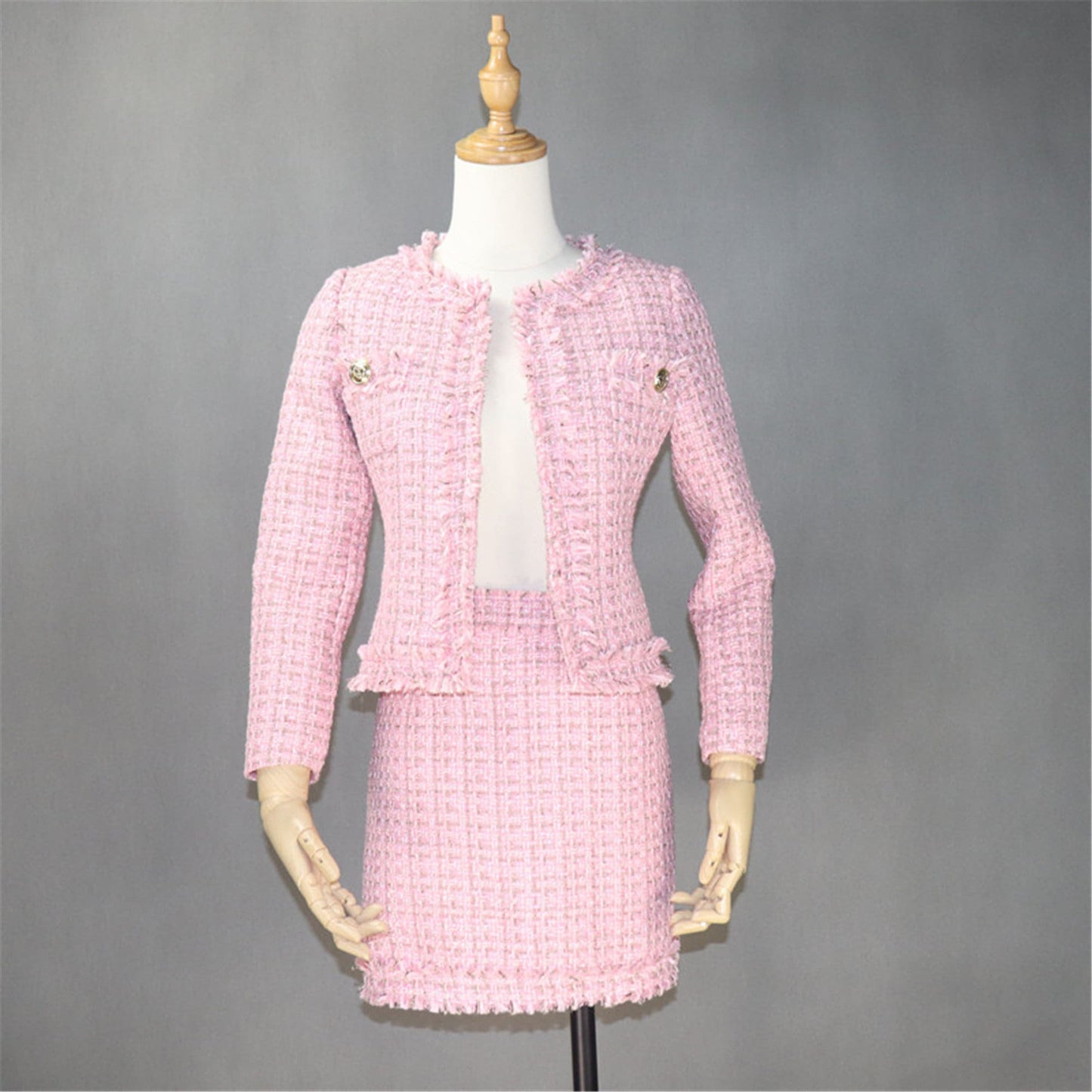 Custom made item. We can change length of the jacket and skirt for you. Our tailors will make it according to your body measurements.