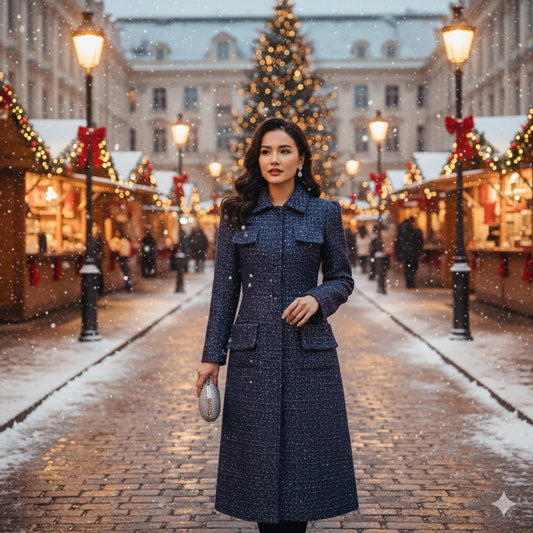 Elegant woman wearing a custom navy blue sparkly tweed coat in a snowy European Christmas market, long tailored winter coat, luxury holiday fashion, evening wear.