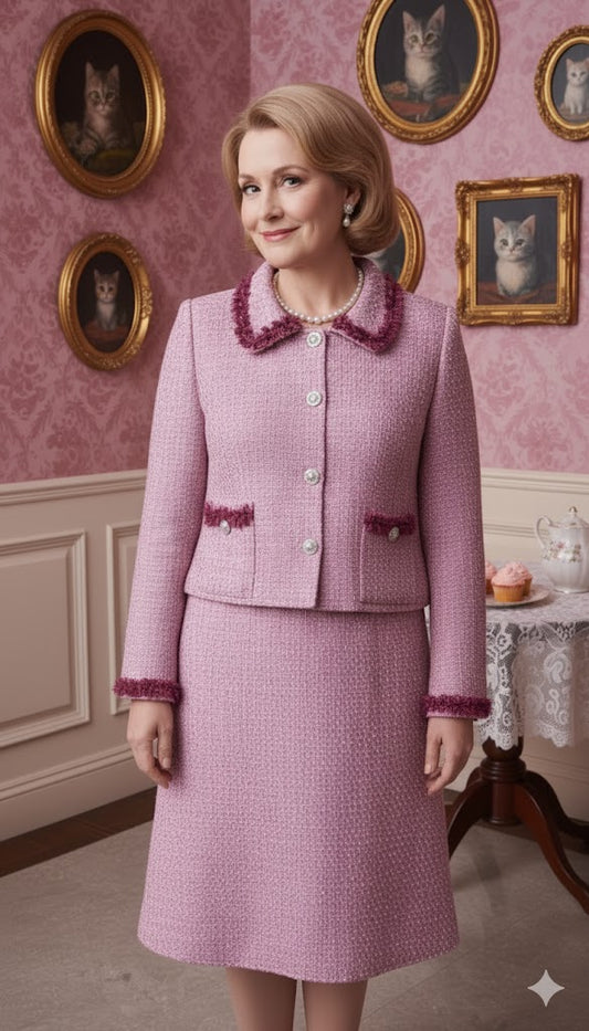 Handmade pink tweed skirt suit inspired by a vintage wizard professor style, featuring pearl buttons, matching jacket and skirt, perfect for cosplay or vintage costume fashion.