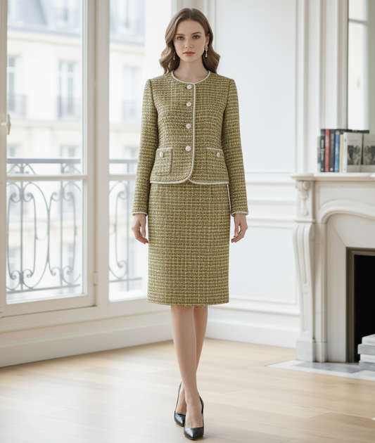 Gold Yellow Brown Tweed Skirt Suit with Sequins, Pearl Trim & Buttons – Custom Made, Any Length