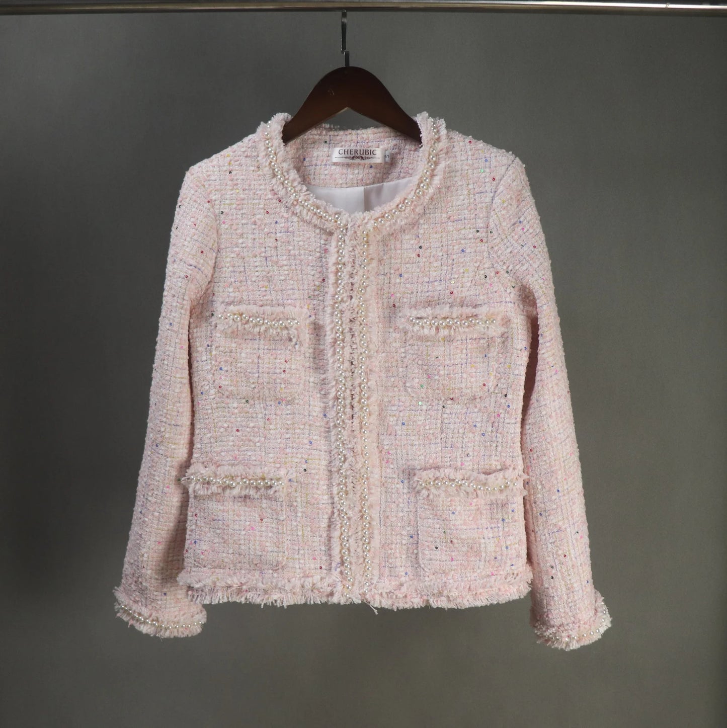 Custom Made or Tailor Made Light Pink Sequinned Tweed Blazer Coat - Fashion Pioneer