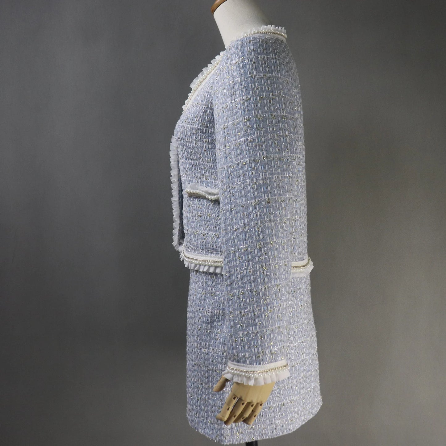 Ladies Blue Hand Made Custom Made Pearl Ruffle Trim Tweed Blazer + Skirt / Shorts Suit (10% discount) "More Than 10% Additional Discount when you buy both Jacket +Skirt or Jacket + Shorts" UK CUSTOMER SERVICE! Women Custom Blue Hand Made Custom Made Pearl Ruffle Trim Tweed Blazer + Skirt / Shorts Suit (more than 10% discount) - It is critical that you know your waist ,hip and bust measurements; please do not guess your size based on other clothes you wear.