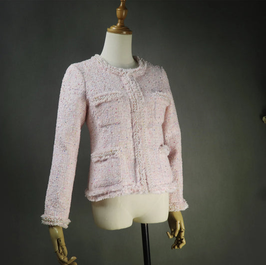 Custom Made or Tailor Made Light Pink Sequinned Tweed Blazer Coat - Fashion Pioneer