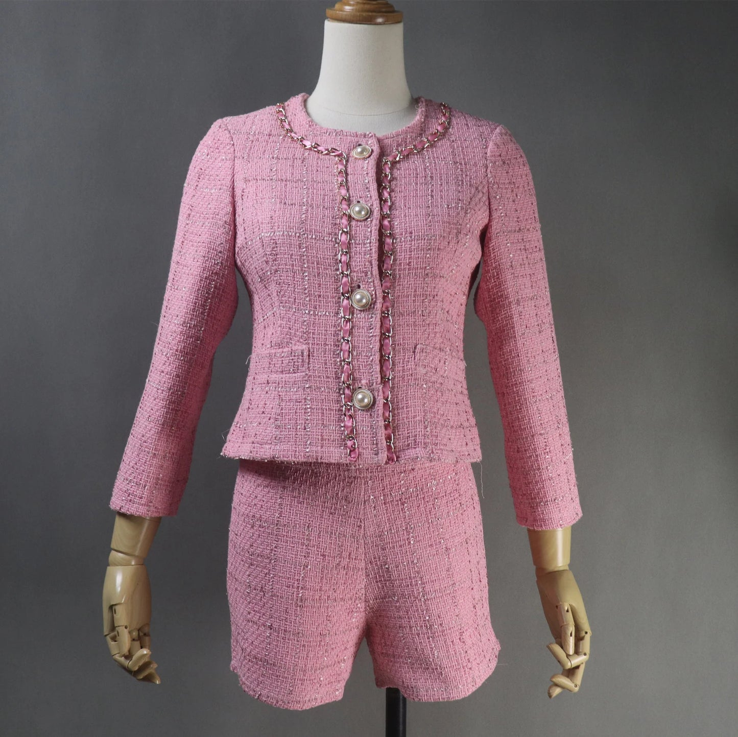 Luxuries Ladies Hand Made Custom Made Chain Decoration Pink Tweed Blazer(10% discount) "More Than 10% Additional Discount when you buy both Jacket +Skirt or Jacket + Shorts" UK CUSTOMER SERVICE! Women Custom Blue Hand Made Custom Made Pearl Ruffle Trim Tweed Blazer + Skirt / Shorts Suit (more than 10% discount) -Make an impression with a timeless tweed suit, whether for a wedding, the Office interview, graduation, Inauguration or a new job.